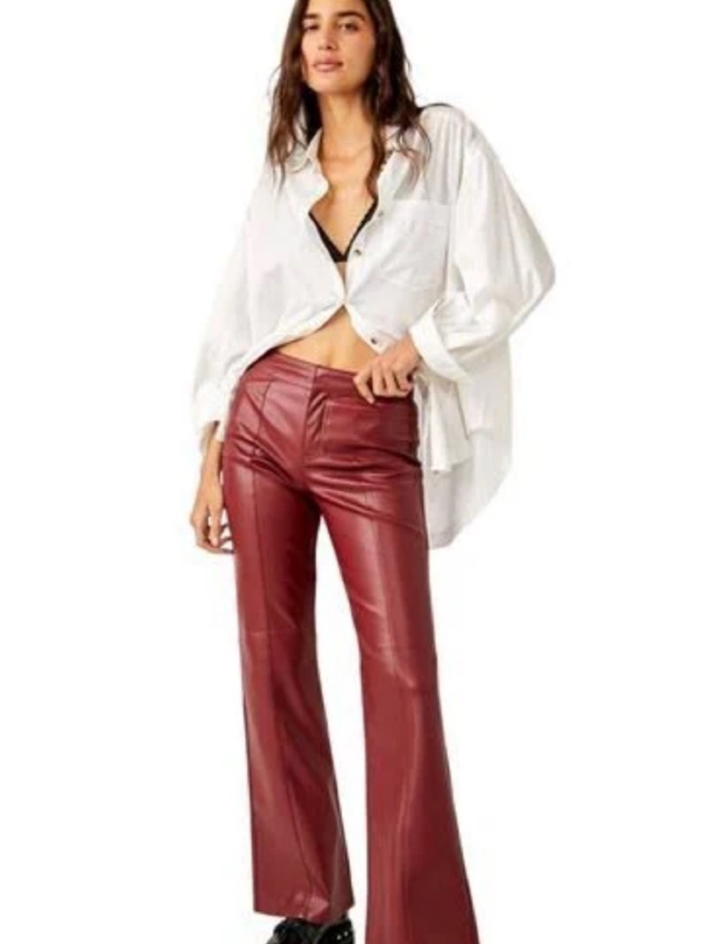 Free People We The Free Uptown Mulberry Faux Leather Flare Pants Size 6 NWOT